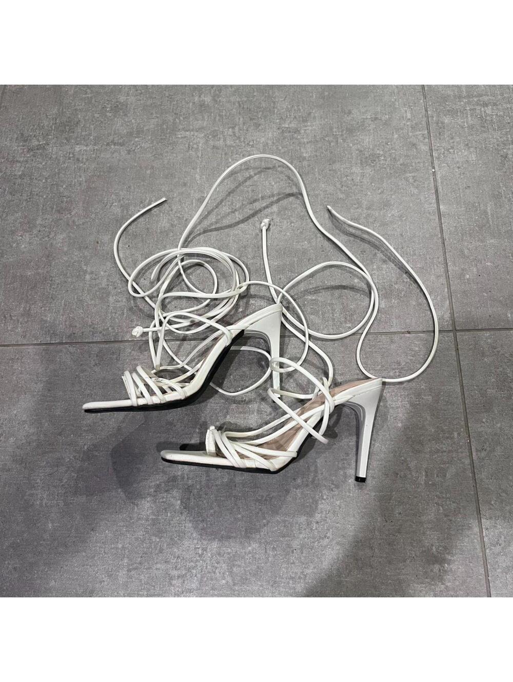 white tie up open toe sandal heels